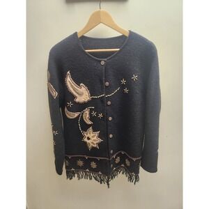 susan bristol  Boiled Wool Embroidered Fringe Cardigan Sweater Black Celestial